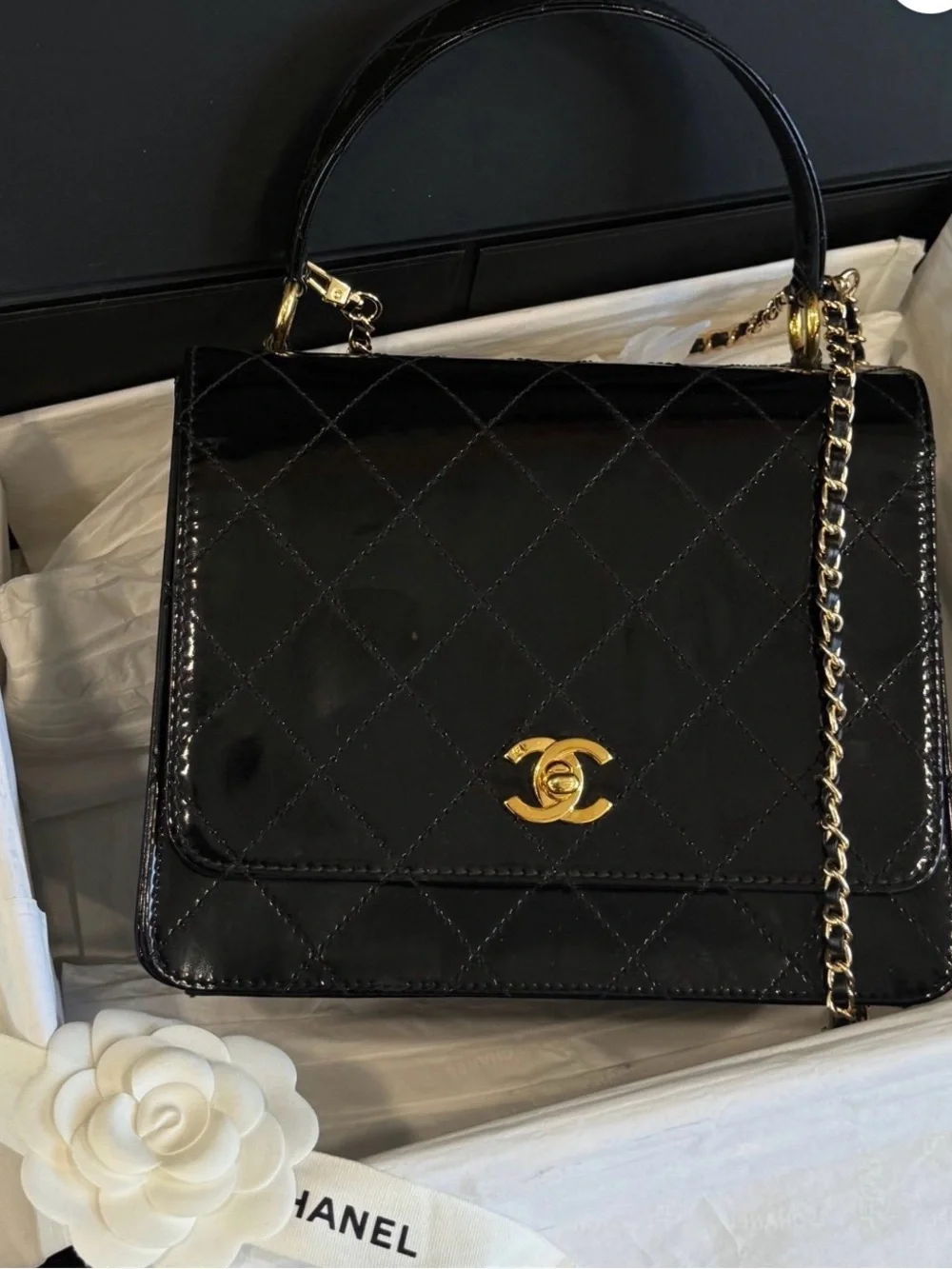 CHANEL Black Quilted Patent Leather Top Handle Satchel with Gold Hardware